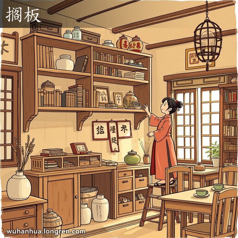 一个传统的武汉家庭场景，墙上高处安装了一个木质的“搁板”，上面摆放着各种家庭用品，一位妇女站在凳子上，小心翼翼地将一件新物品放在“搁板”上。
