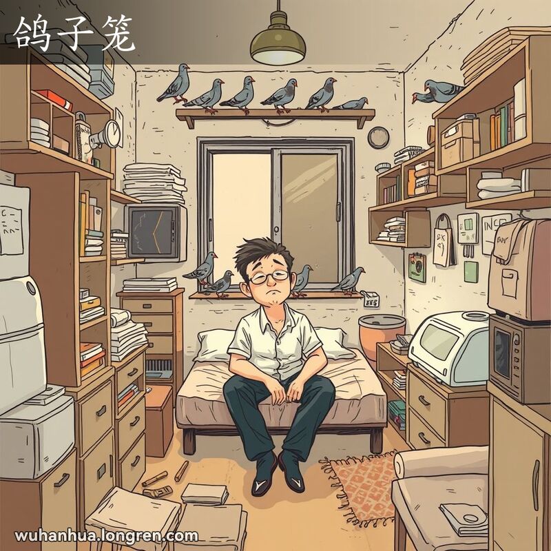 一间狭小的武汉老城区公寓，房间里堆满物品，男子坐在小床上显得局促不适，窗台上有鸽子停留，背景是旧式家具和杂乱环境。