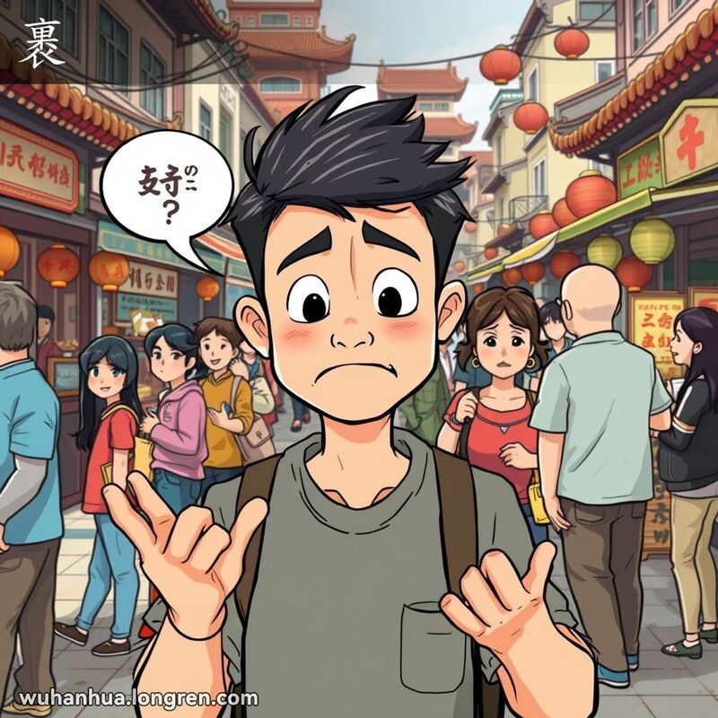 一位年轻男子在武汉街头说话口齿不清，背景是热闹的市场和行人。