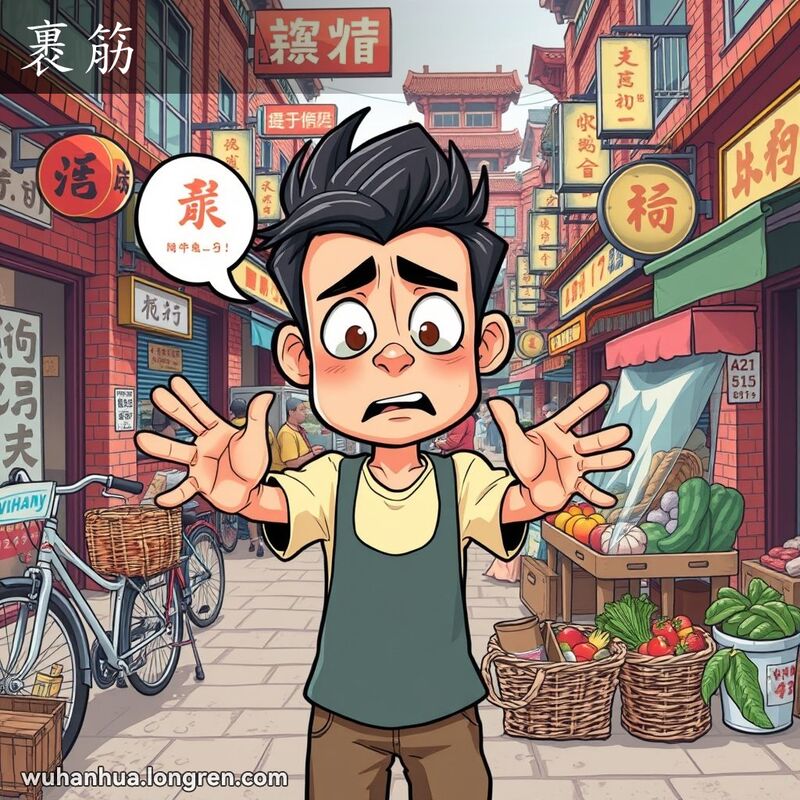 一位年轻男子在武汉街头因小事恼火，周围有自行车、蔬菜篮和小摊，背景是武汉老街景