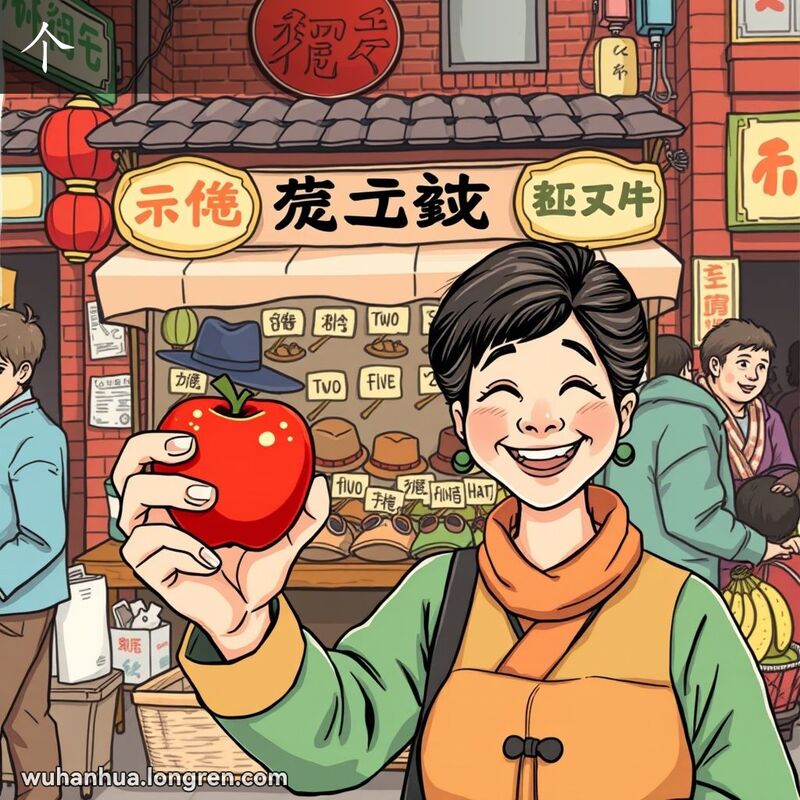武汉街头市场，一位妇女手持一个苹果，背景有各种标注数量的物品和老街景