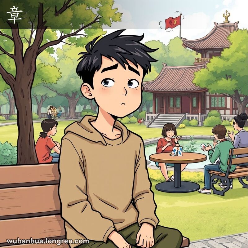 一位年轻的武汉男子坐在公园长椅上，脸上带着茫然、反应迟钝的表情，背景是武汉公园景象