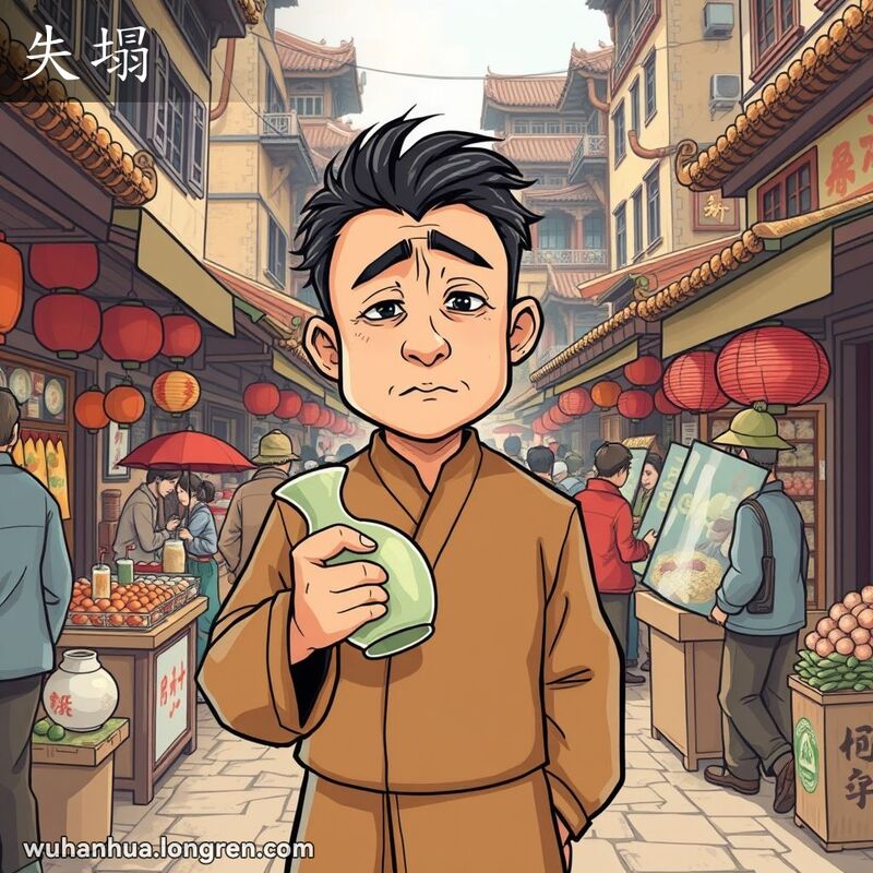 一位穿着传统中式服装的男子站在武汉街头市场中，手拿破碎的花瓶，脸上露出失望和沮丧的表情，周围是摊贩和老建筑。