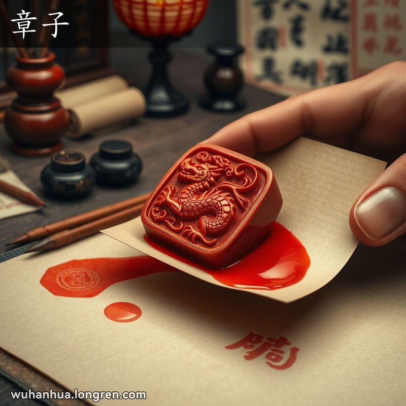 一枚精美的中国传统印章放置在红色印泥上，背景是书法桌和书法用具