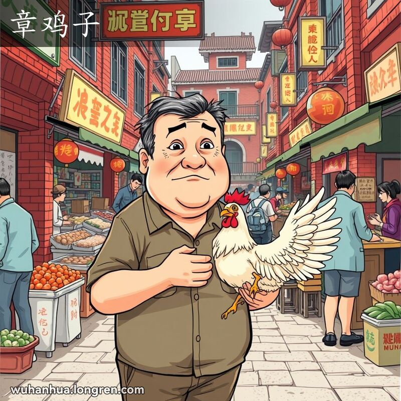 一位中年男子在武汉街头市场上，手持一只活鸡，表情困惑且反应迟钝，背景是热闹的武汉老街市场。