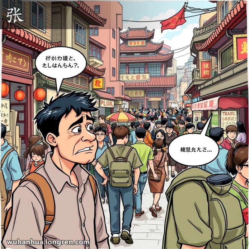 武汉街头，一个人正在热烈地说话，而另一个人却漫不经心地看向别处，表现出“张”（理会，注意）的含义。
