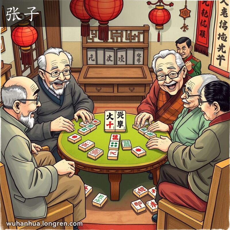 一群老年人围坐在桌旁玩麻将，桌上有一张单独的麻将牌，背景有传统中国装饰。