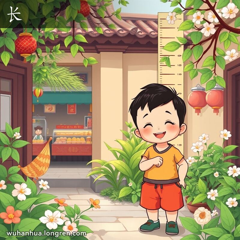 一位小孩站在武汉庭院中，背后有生长记录表，周围绿意盎然，背景是武汉老街景