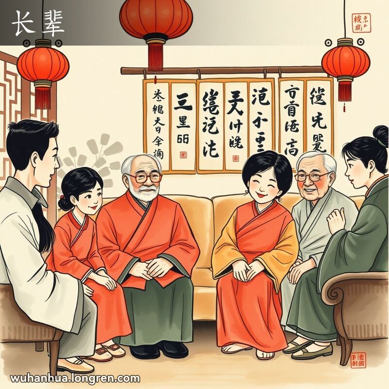 传统中国家庭聚会，长辈们坐在沙发上，年轻家庭成员围绕在旁，背景有红灯笼和书法挂轴