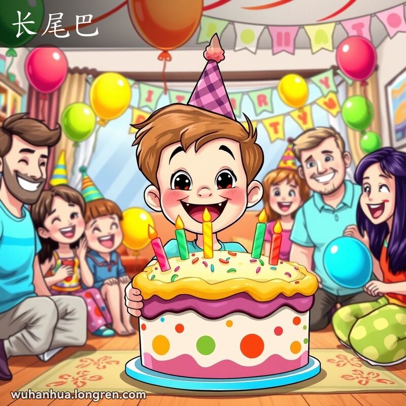 一个戴着生日帽的孩子在生日派对上拿着大蛋糕，周围是朋友和家人，背景是装饰着彩带和气球的客厅