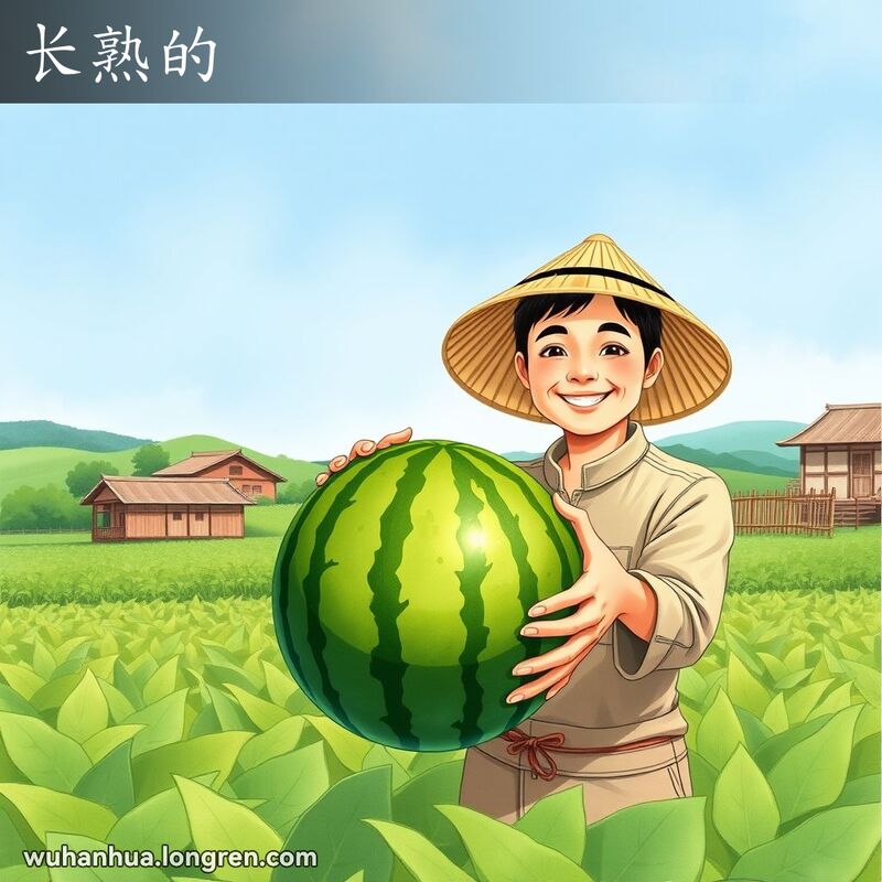 一位农民在田间展示一颗自然成熟的西瓜，背景是绿油油的田野和传统的中国农舍。