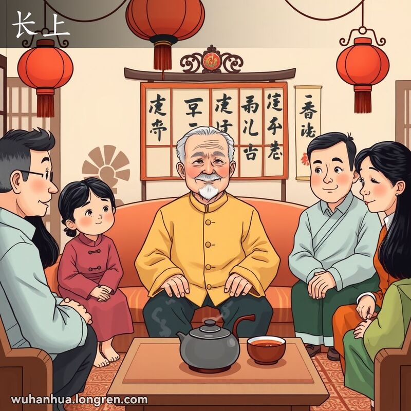 一个传统的中国家庭聚会场景，一位年长的长辈坐在中央的沙发上，周围是年轻的家庭成员，背景有红灯笼和书法挂轴