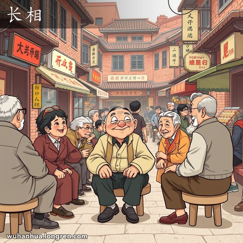 一条传统的武汉老街，几位老年人坐在小板凳上聊天，一位老人被介绍给新来者，老人好奇地打量着新来者的面容。