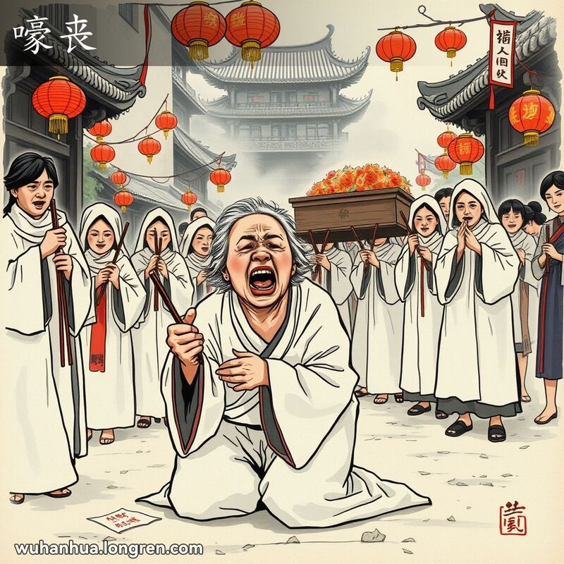 一位武汉老妇人在传统丧礼中跪地嚎哭，背景是武汉老街的送葬队伍
