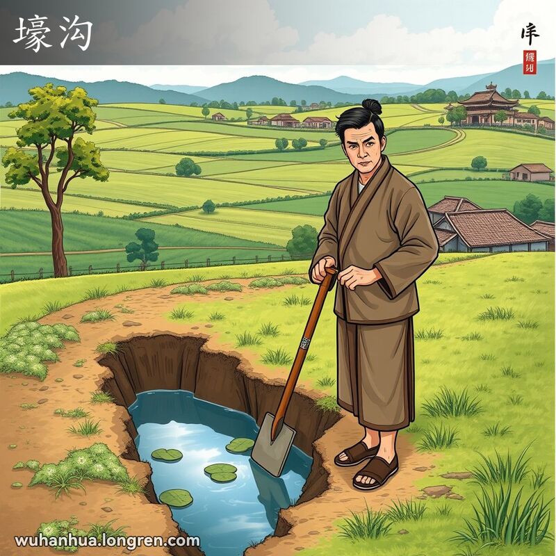 一位武汉农民手持铁锹站在水沟旁，背景是田野和村庄，画风为中国水墨画。