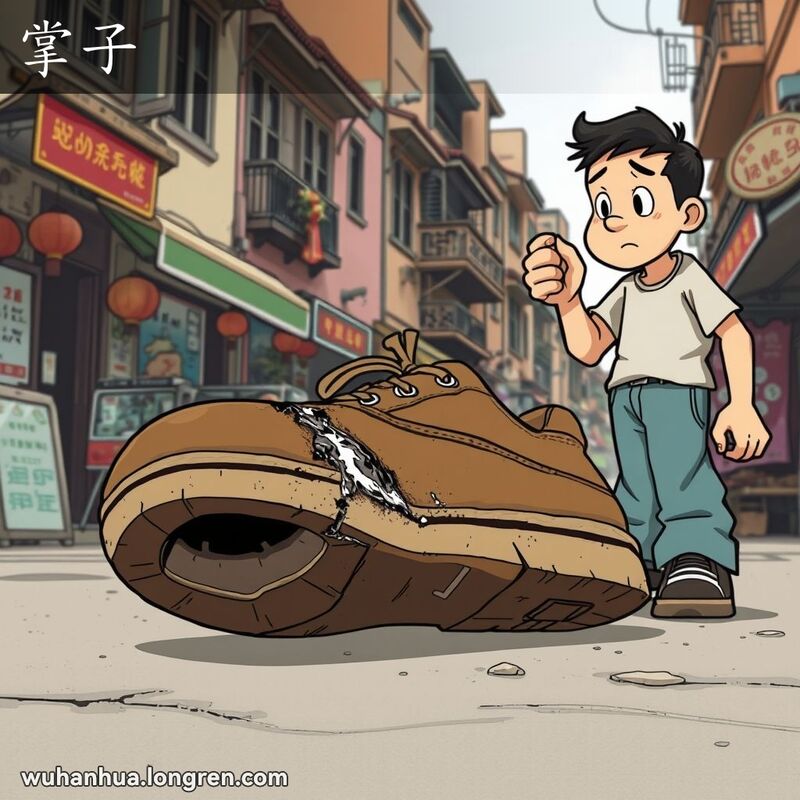 一只磨损严重的鞋子，鞋底前半部分已经磨穿，放在武汉老街上，一位市民正在查看鞋子的损坏情况。