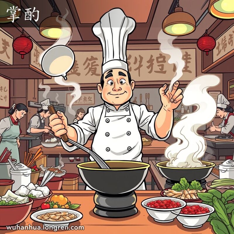 一位武汉厨师在厨房中手持大勺和锅铲，专注烹饪，背景是忙碌的厨房员工和蒸汽。