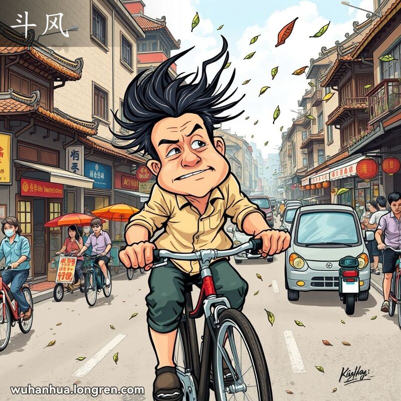 一位武汉市民在风中骑自行车，头发和衣服被吹向后方，背景是武汉老街景