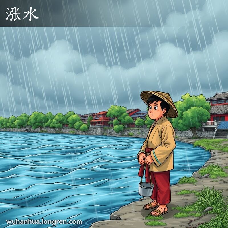 武汉雨季河流水位上涨，渔民担忧地站在河岸边，背景是乌云密布的天空和茂密的绿树
