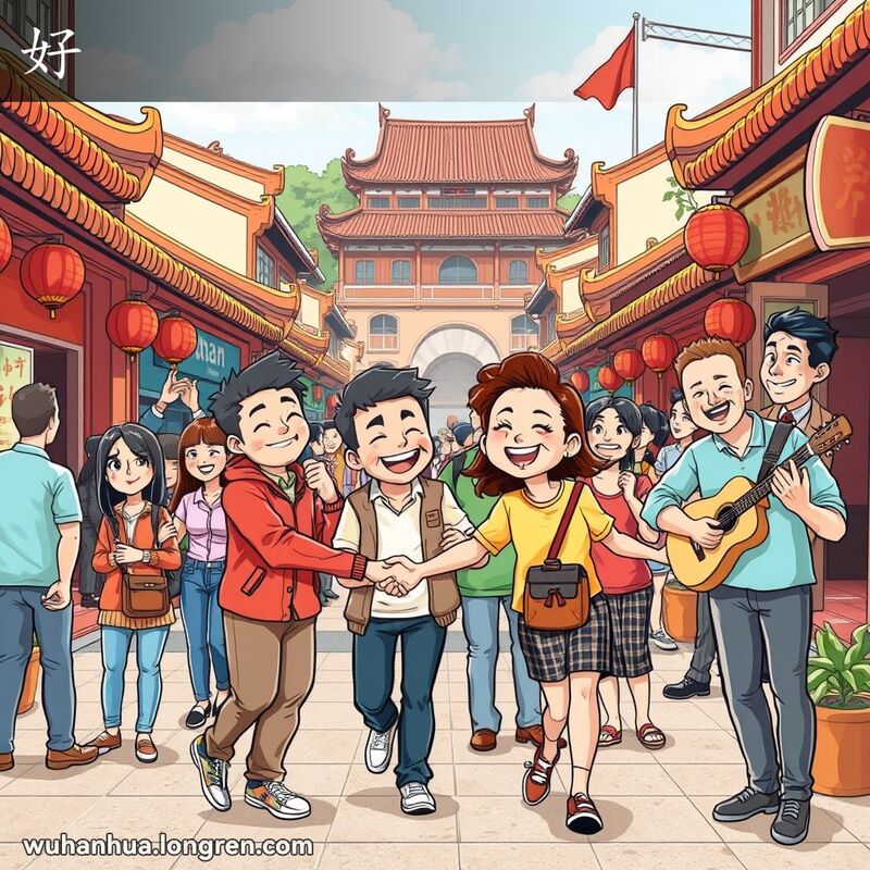 武汉街头，两位朋友握手微笑，象征友爱与和睦，旁边有人健步如飞，背景中一群人点头表示赞同，音乐家轻松弹奏吉他。