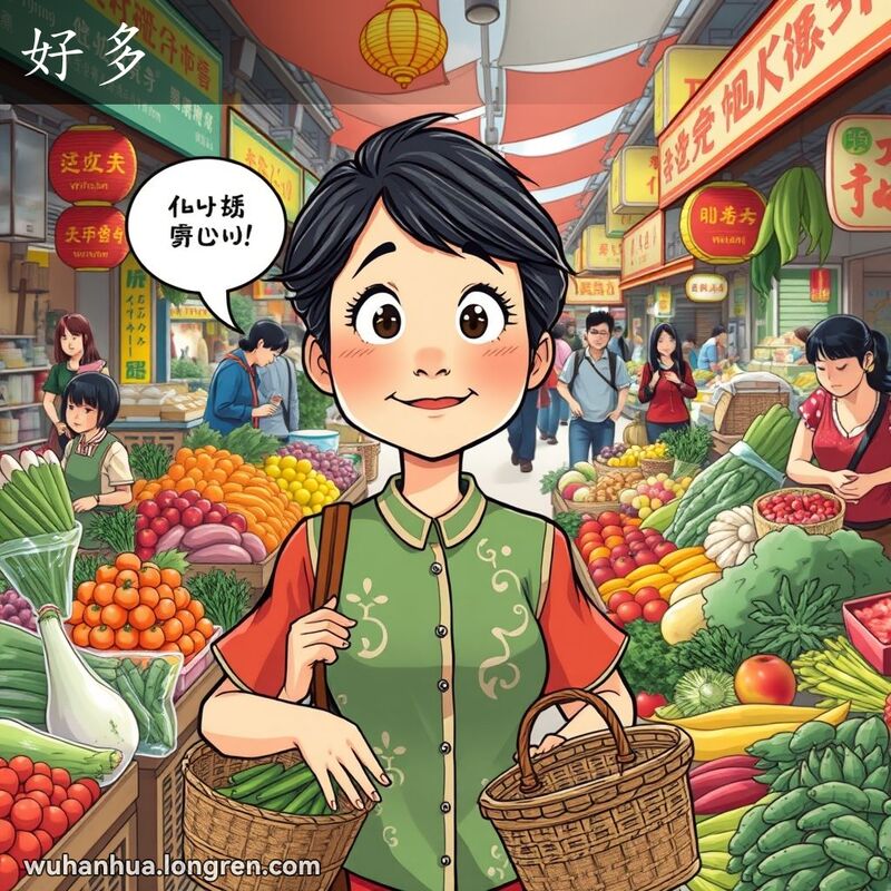 一位中年妇女在武汉市场的摊位前，面对琳琅满目的商品露出惊讶和欣喜的表情，背景是热闹的市场景象。