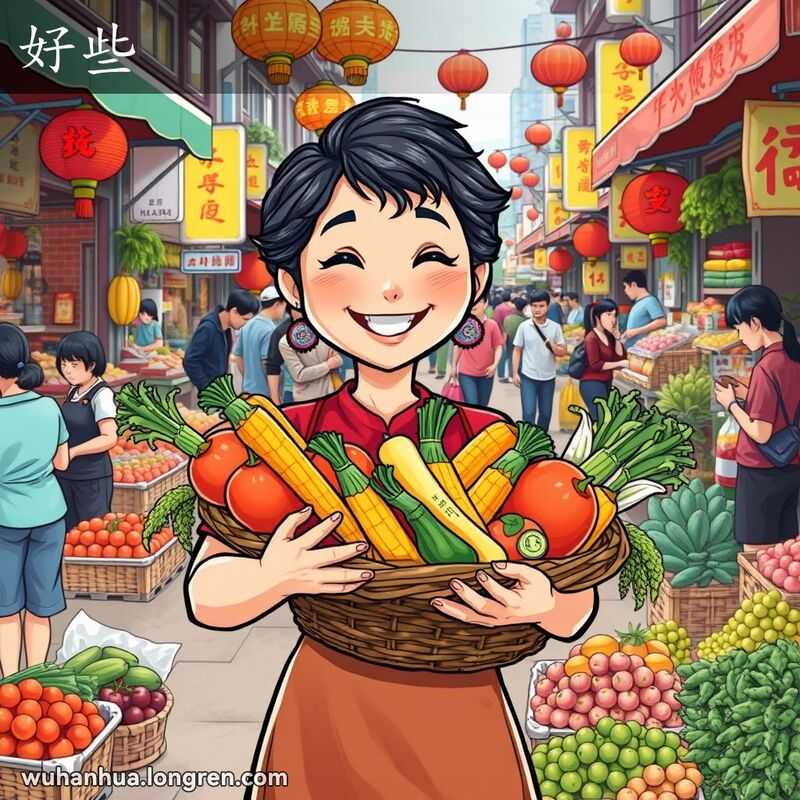 一位武汉妇女手持满篮蔬菜水果，笑容满面，背景是热闹的街市