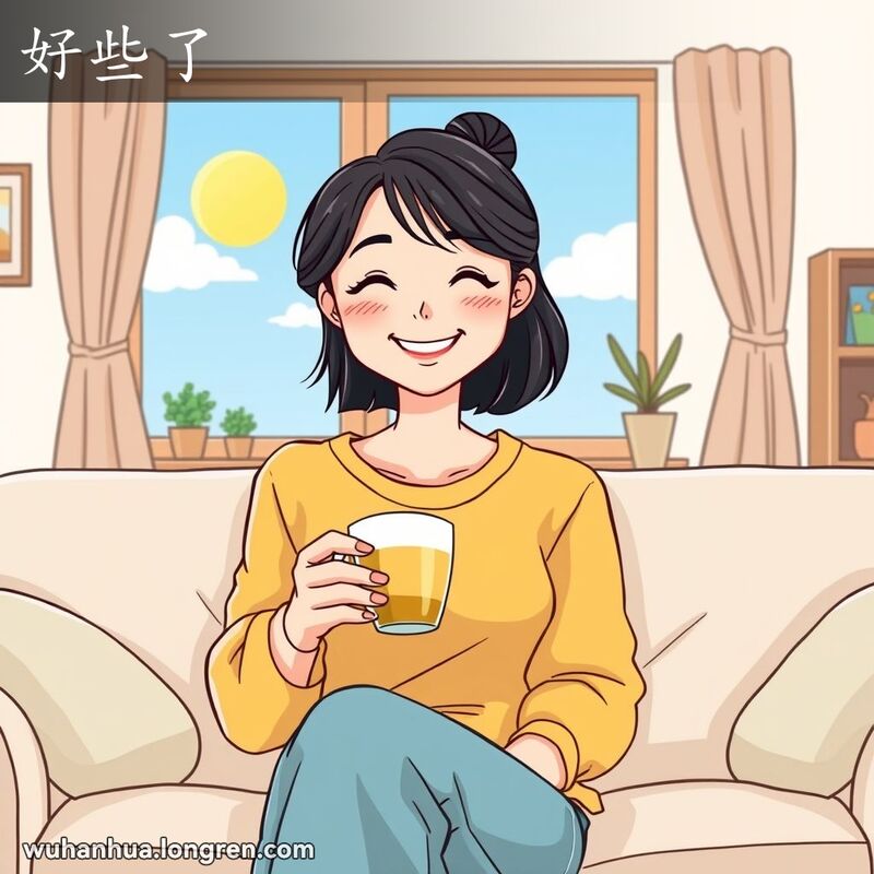 一位武汉年轻女性坐在客厅沙发上，手持草药茶，脸上带着温暖的笑容，背景是阳光明媚的蓝天，象征着改善和积极的情绪。