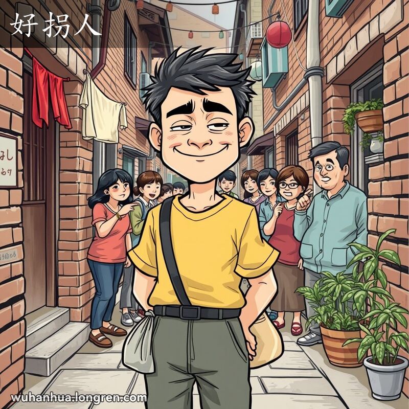 一位男子在武汉老街巷中，手里藏着偷来的东西，脸上带着狡猾的笑容，试图装作无辜和友好，背景中邻居们在窃窃私语，指着他。