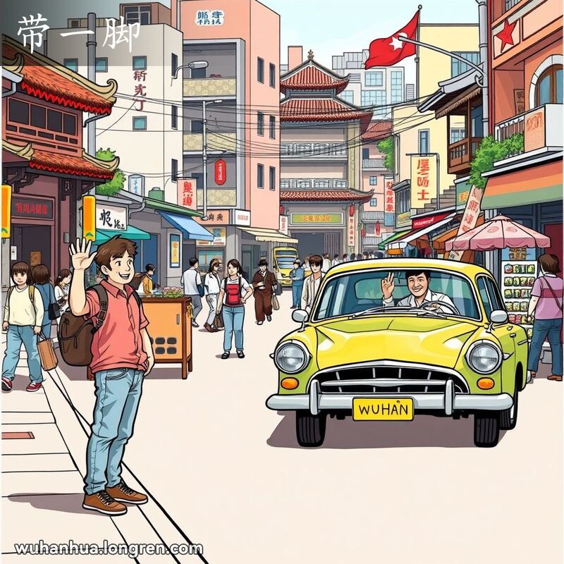 一位年轻人在武汉街头招手拦车，车内司机友善地停车准备捎带他一程，背景是武汉的街景
