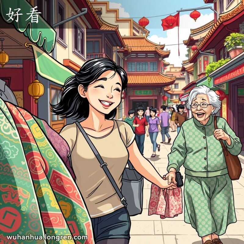 一位年轻女子在武汉街头市场欣赏漂亮布料，背景中祖母牵着孙子，脸上带着温暖的笑容。
