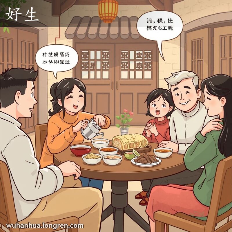 一群朋友在武汉老街庭院聚会，细心倒茶和表达感激的场景，体现“好生”的意思