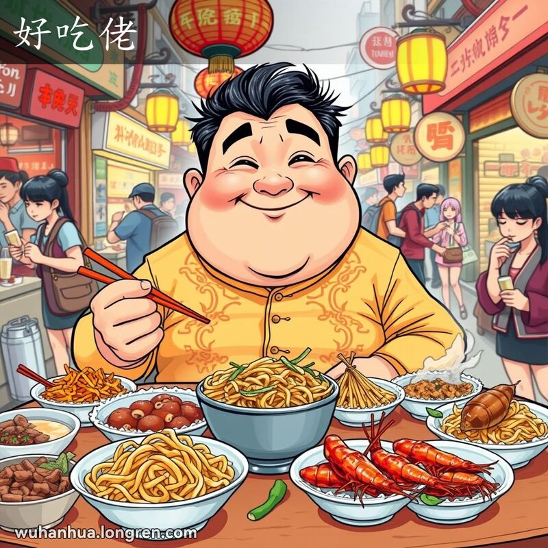 一位武汉市民坐在摆满美食的桌前，脸上露出对美食的热爱，背景是热闹的武汉街头市场
