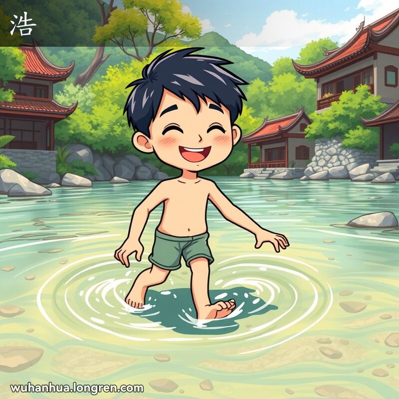一位年轻人赤脚走过清澈的浅水河，背景是绿意盎然的乡村景象和传统中式建筑