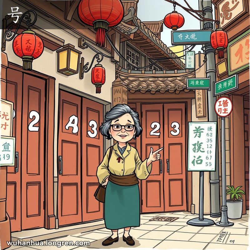 一位中年妇女站在武汉老街的木门前，指着门牌号码，表情好奇，背景有老式街灯和红灯笼。