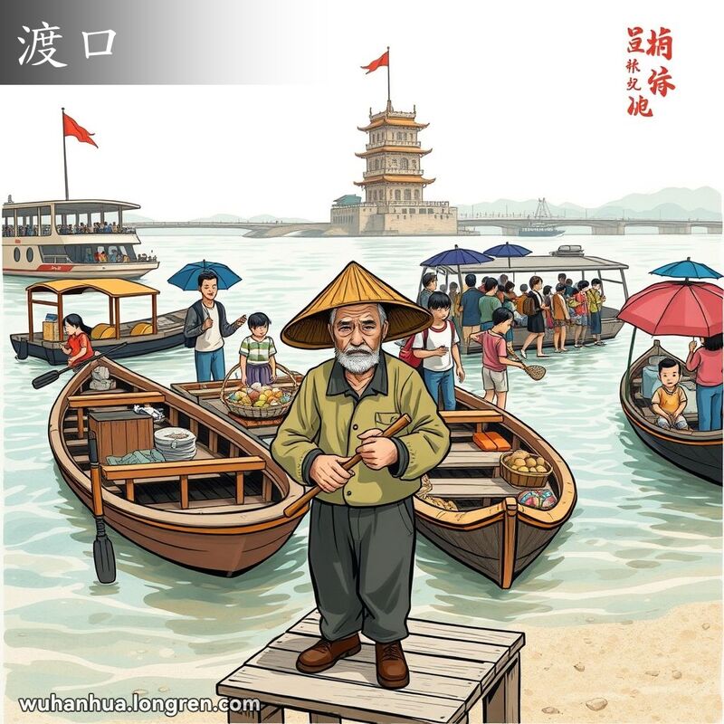 武汉长江边的渡口，有木船和渡轮，老渔夫站在码头上，背景是黄鹤楼和等待登船的人群
