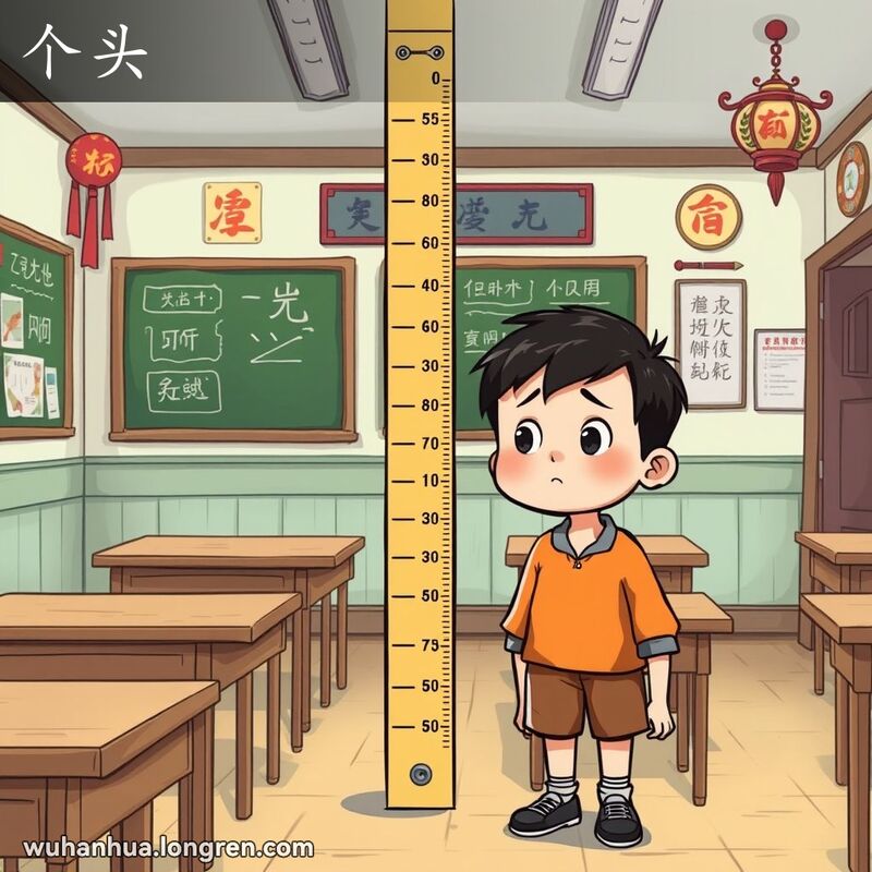一位小男孩站在量身高尺旁，尺子显示他的身高低于平均值，男孩略显失望地抬头看着尺子，背景是武汉教室