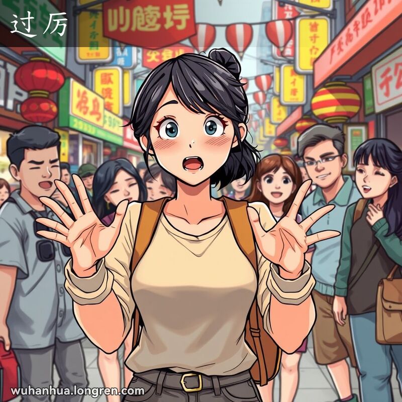 一位年轻的武汉女子在街头市场中手舞足蹈地讲述，脸上带着惊讶和赞赏的表情，背景是繁忙的街头摊位和人群。