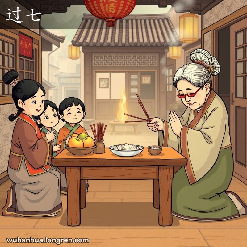 一个传统武汉家庭在进行“过七”仪式，桌上摆放供品，老妇人手持香烛鞠躬，背景是武汉老街道
