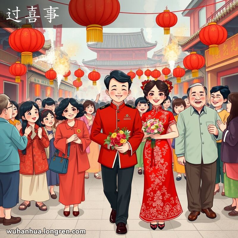 武汉传统婚礼场景，新娘身穿红色旗袍，被新郎和家人簇拥着走在街上，背景是挂满红灯笼、鞭炮和祝福的人群。