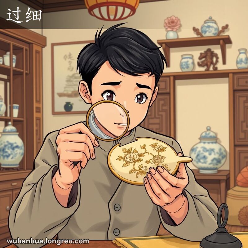一位武汉市民仔细检查精细刺绣，表情专注，背景是温馨、整洁的房间，有传统中式装饰