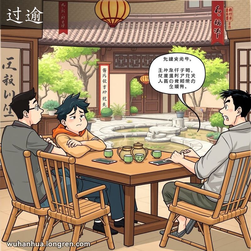 一群朋友在茶馆中，一位朋友讲述故事时显得过于激动，另一位朋友露出不满的表情，背景是传统茶馆氛围