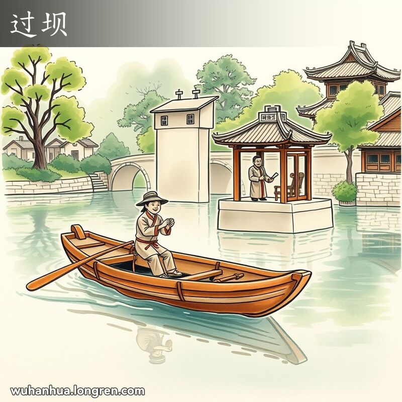 一艘木船在武汉河流上接近拦水坝，船夫准备支付过坝费，官员站在坝边小屋旁，背景是绿植和传统建筑
