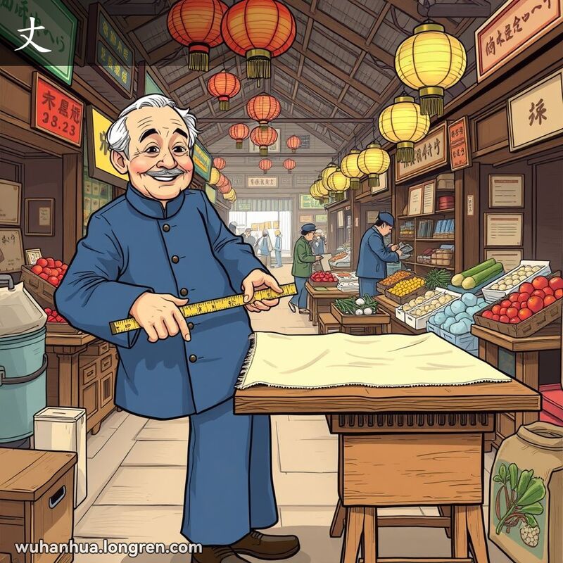 一位穿蓝色中山装的老年武汉居民在市场上用刻度尺量一块长度为一丈的布料，背景是热闹的市场场景。