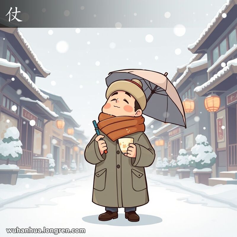 武汉冬日清晨，雪花纷飞，一位居民站在街道中央，手持雨伞和热茶，仰望天空微笑。
