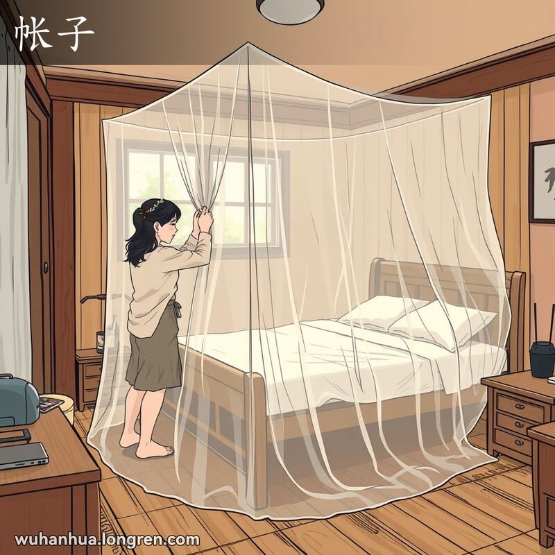 一间武汉传统卧室，木质床上悬挂着蚊帐，一位女子正在调整蚊帐，房间温馨舒适。