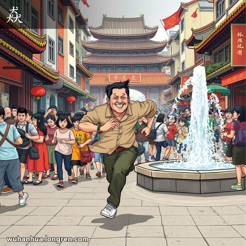 一个人在武汉街道上快速奔跑，背景有喷泉喷水，画面动感活力十足