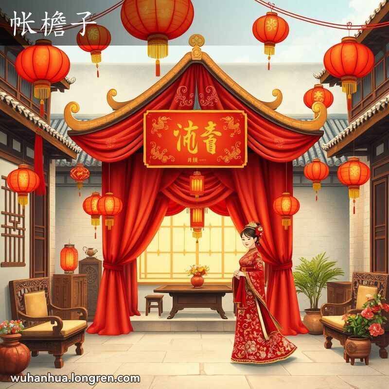 传统武汉婚礼场景，帐篷门口横挂红布，新人幸福微笑，背景有老式家具和红灯笼