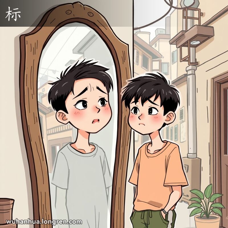 一位武汉年轻人站在镜子前，露出“标”的表情，背景是武汉老街景