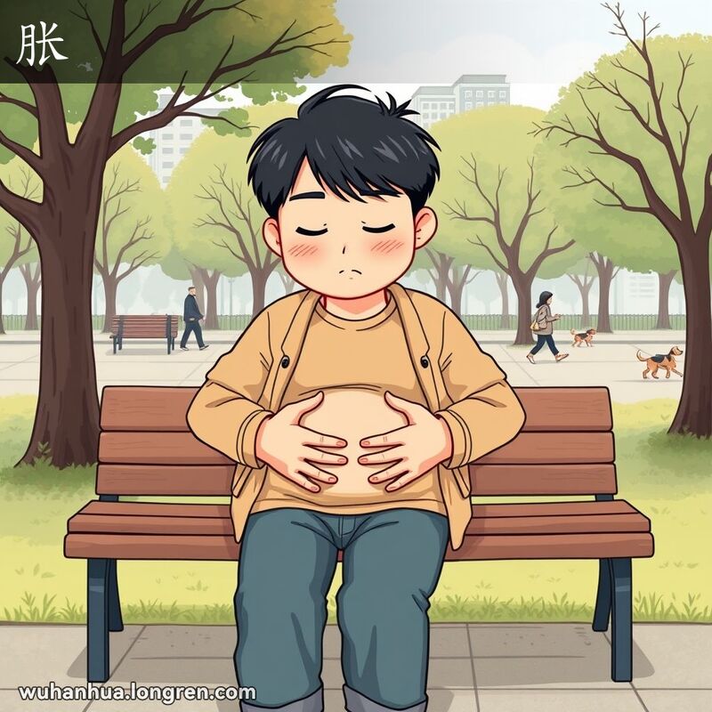 一位武汉市民坐在公园长椅上，双手捂着肚子，表情不适，背景是公园景象
