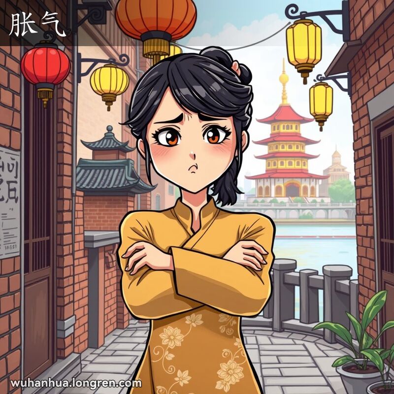 一位年轻女子在武汉老街巷中，双臂交叉，面露不悦之色，脸颊微微鼓起，表现“胀气”的情景，背景有长江和黄鹤楼。